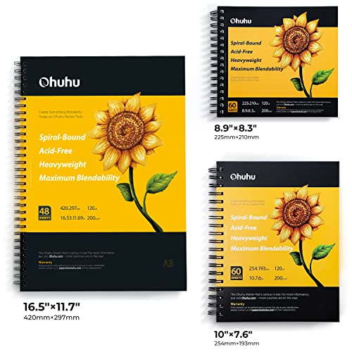 Ohuhu Marker Pads Art Sketchbook, 16.5"x11" XL A3 Large Paper Size, 120 LB/200 GSM Heavy Smooth Drawing Papers, 48 Sheets/96 Pages, Spiral Bound Sketch Book for Alcohol Markers Christmas Gift - size: 16.5" x 11"