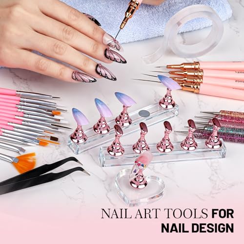 FANDAMEI Nail Art Tools, Nail Art Brushes With Nail Stand, Nail Design Tools, Nail Brushes For Nail Art, Nail Art Kit, Nail Holder For Painting Nails, Nail Liner Brushes, Nail Dotting Tool, Nail Tools