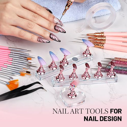 FANDAMEI Nail Art Tools, Nail Art Brushes With Nail Stand, Nail Design Tools, Nail Brushes For Nail Art, Nail Art Kit, Nail Holder For Painting Nails, Nail Liner Brushes, Nail Dotting Tool, Nail Tools