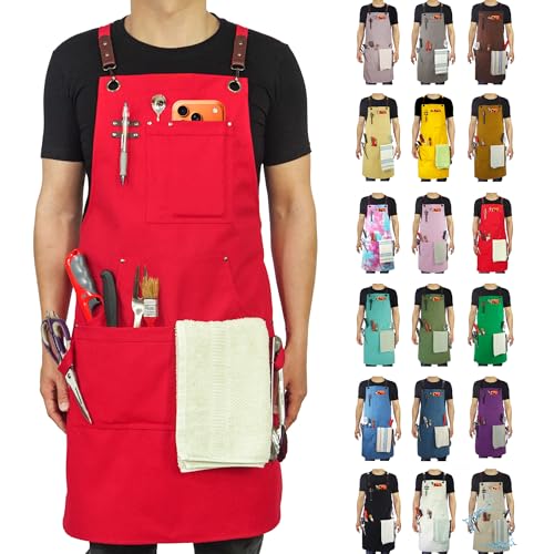Kitchen Apron, Work Apron, Canvas, Multiple Pockets, Gardening, Painting, BBQ, Artist, Carpenter, Sizes M to XXL, Red - color: Red