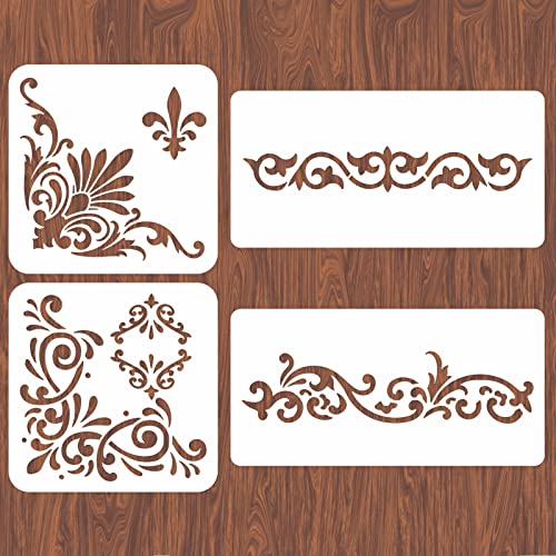 INFUNLY 4PCS Corner Stencils for Painting Vintage Flower Border Stencil Large Square Lace Tile Stencil Reusable Damask Furniture Stencils for Wood Canvas Paper Fabric Floor DIY Craft - color: Corner Stencils
