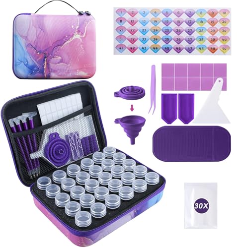 LYMUSUMI 30 Slots Diamond Art Storage Containers for Adults Portable Bead Storage Boxes for Diamond Painting Accessories and Tools - color: Pink and purple