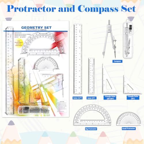 Coopay 7 Pcs Geometry Kit with Ruler, Triangle Ruler, Protractor and Compass Set | 12'' & 6'' Straight Rulers, 45°/60°Triangle Ruler, 6" & 4" Protractors, Compass, Geometry, Drafting, Math, School, Office - size: 7 Pcs Geometry Math Tool