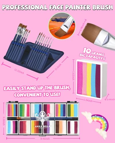 Anka Bella Professional Face Painting Kit for Kids,12X10gm Water Activated Rainbow Cake Face Paint with Stencil & Brushes,Hypoallergenic & Non-Toxic,Gift for Birthday Parties/Halloween/Carnival - color: Rainbow Valley set
