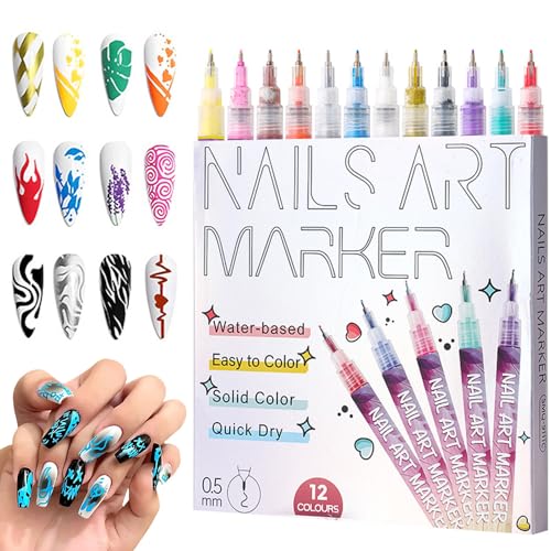 Nail Art Pens Set, 12 Colors Nail Art Markers with 0.5mm Fine Tip, Long-Lasting Waterproof Quick-Dry Nail Drawing Kit for DIY Home Salon Party - color: SET B
