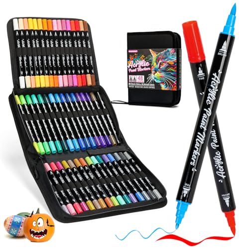 Acrylic Paint Markers, 48 Color Dual Tip Acrylic Paint Pens with Brush and Fine Tips for Rock Painting,Wood,Canvas,Ceramic,Card Making,Vibrant Color Ideal for Artists, Crafters & DIY Projects
