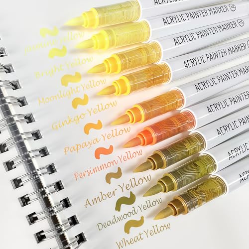 Brush Tip Acrylic Markers, 9 Colors Water Based Acrylic Paint Pens for Rock Painting, Journaling, Wood, Glass, Adult Coloring Books, Art & Journaling Supplies (Warm Yellow Series) - style: Warm Yellow Series