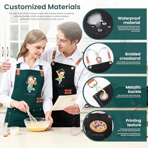 Personalized Waterproof Canvas Apron Custom Logo - Heavy Duty Cross Back 4 Pockets for Men Women Chef Barista - color: Black 1