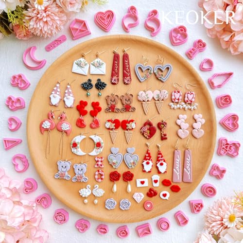 Keoker Valentines Polymer Clay Cutters for Earrings Making, 30 Shapes Valentines Clay Cutters for Polymer Clay Jewelry - color: A+B+C color