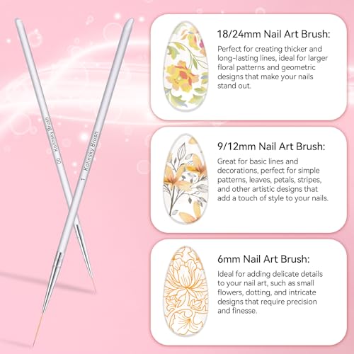 5Pcs Nail Art Liner Brushes Set, Manicure Brush Fine Drawing Thin Lines Painting Details Striping Design For Gel Polish Dotting Pen Transparent Handle Home DIY, 6/9/12/18/24mm - color: White