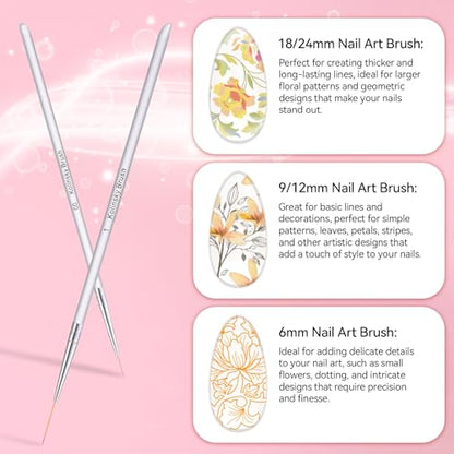 5Pcs Nail Art Liner Brushes Set, Manicure Brush Fine Drawing Thin Lines Painting Details Striping Design For Gel Polish Dotting Pen Transparent Handle Home DIY, 6/9/12/18/24mm - color: White