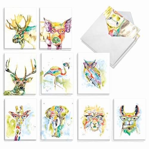 The Best Card Company Assorted Watercolor Blank Greeting Card Box Set - Incl. 20 Notecards + Envelopes, 10 Unique Designs for Thank You, Invitations, More - Rainbow Splash Animals AM6137OCB-B2x10 - style: Rainbow Splash Animals
