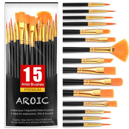 AROIC Acrylic Paint Brush Set,1pack/15pcs Nylon Hair Acrylic Painting Brush,Watercolor Rock Face Painting Brush, Artist Craft Brush Supplies, Paint Brush Set for All Purposes Children Adult Painting. - size: 15pcs