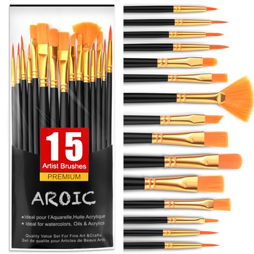AROIC Acrylic Paint Brush Set,1pack/15pcs Nylon Hair Acrylic Painting Brush,Watercolor Rock Face Painting Brush, Artist Craft Brush Supplies, Paint Brush Set for All Purposes Children Adult Painting. - size: 15pcs