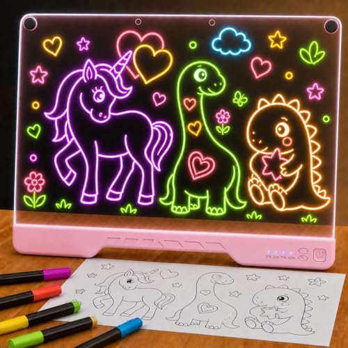 Upgraded 16-Inch LED Drawing Board Rechargeable – 7 Colors, 10 Lighting Effects, Adjustable Brightness – Acrylic Light Board for Tracing with Stand, Markers & Complete Set – Birthday Gift Idea (Pink) - color: Pink #1