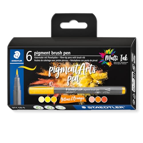 STAEDTLER 371 C6-5 Pigment Arts Brush Pen - Assorted Yellow & Orange Colours (Pack of 6) - color: Yellows & Oranges
