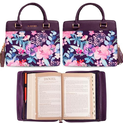 Christian Art Gifts Women's Fashion Bible Cover Purse Style Blessed, Purple Floral Faux Leather, Large - size: Large