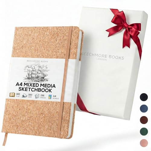 Beechmore Books A4 Mixed Media Sketchbook - 8.5"x11" Hardcover Lay-Flat Art Journal, 160 GSM / 98 lb Professional Ivory Paper, 156 Perforated Pages, Gift Box, Ink, Drawing and Light Watercolor - color: Beige Cork, size: A4 - 8.5" x 11.5" Large