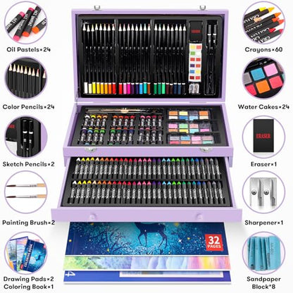 iBayam Stocking Stuffers for Kids Teens Adults, Birthday Party Art Supplies, Christmas Gifts for Teenagers, 150-Pack Wooden Art Set Crafts Drawing Painting Kit with 1 Coloring Book, 2 Sketch Pads - color: Purple
