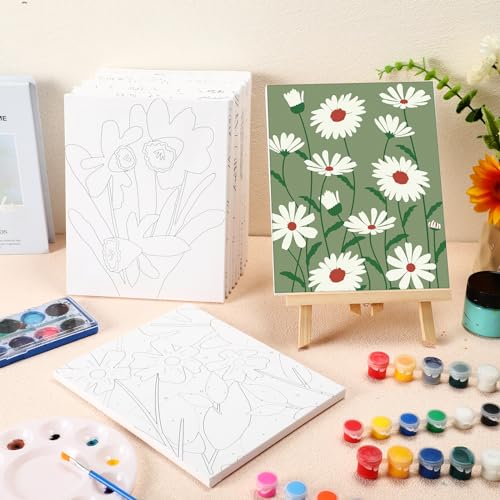 Engrowtic 12 Pcs 8 x 10'' Flower Pre Drawn Canvas to Paint Pre Printed Sketched Canvas for Adult Ladies Paint Art Party Favor Board Set for Craft(Simple Style) - style: Simple Style