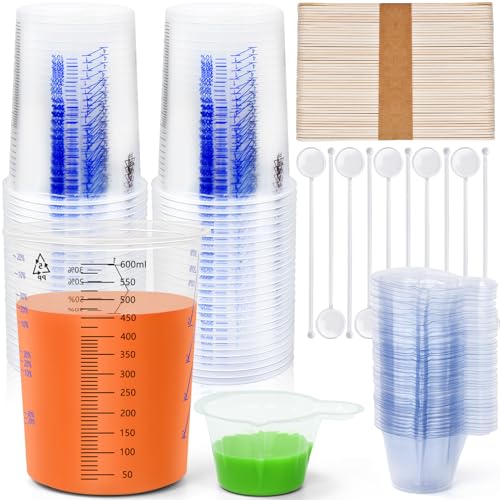 Artcome Mixing Cup Kit - 50 PC 20oz (600ml) Plastic Measuring Cups, 50 PC Wooden Mixing Sticks, 100 PC 40ml Disposable Small Cups, 10 PC Stirring Rods - Ideal for Epoxy Resin, Paint & Liquid Mixing
