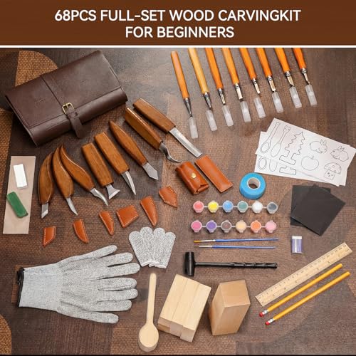 Wood Carving Kit, 68 PCS Complete Whittling Kit for Beginners Adults, 16 Wood Carving Knives, 8 Basswood Blocks, Leather Storage Bag, Gloves, Paints & Templates, DIY Carving Tools Gift Set