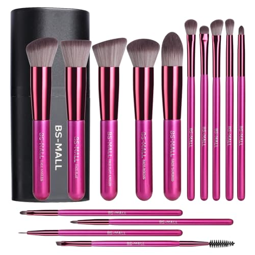 BS-MALL Makeup Brushes 14 pcs Makeup Tools Kit Premium Synthetic Powder Foundation Contour Concealers Lip Brushes with Makeup Sponge & Eyeshadow Applicator Kit - color: Hot Pink