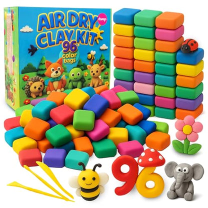 Air Dry Clay Kit 96 Colors for Kids, Lightweight and Non-Sticky Modeling Clay with Sculpting Tools and Storage Bags, DIY Arts and Crafts Gift for Boys and Girls Ages 3+