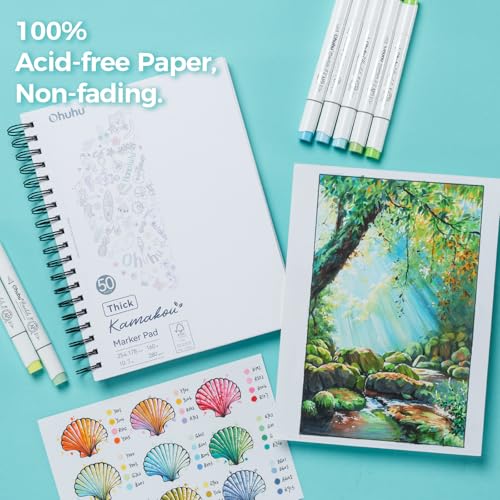 Ohuhu Double-Sided Marker Pad, Bleedproof Art Sketchbook – 7"x10" Large, 160 LB/280 GSM Heavyweight Smooth Paper – 50 Sheets/100 Pages, Spiral-Bound Drawing Book for Alcohol Markers - size: 7" x 10"