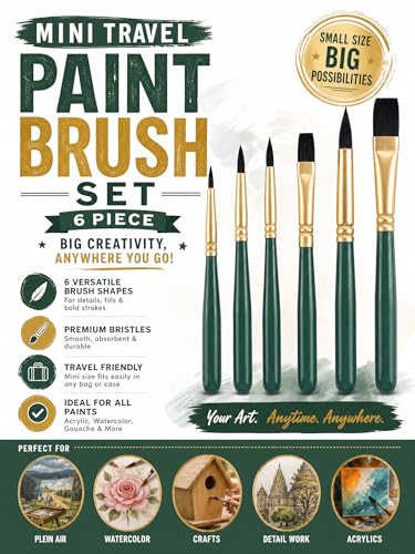 6-Piece Mini Travel Watercolor Brush Set–Flat & Round Paint Brushes Portable Tiny Brush for Watercolor, Oil, Acrylic Painting