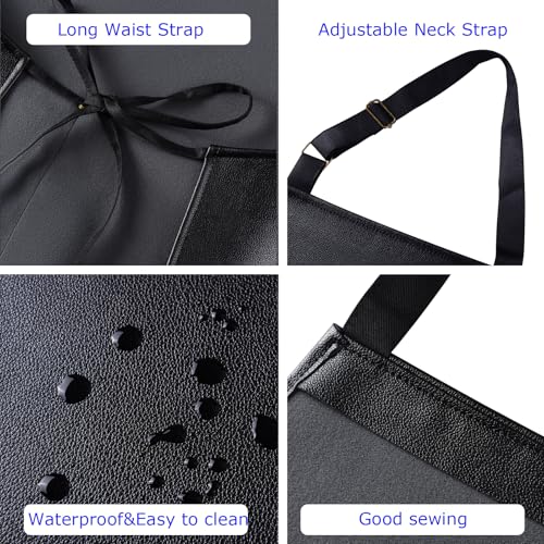 eywlwaar PU Waterproof Apron with 2 Big Pockets Adjustable Oil Proof Apron for Kitchen Dishwashing Cooking 29.92"x 26.77" - color: Black