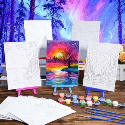 Blosssound 10 Set Pre Printed Canvas Pre Drawn Canvas Painting with Easel Kits 5" x 7" Outline Painting Panels for Beginners, DIY Craft Project, Home Decors(Dream Sky) - style: Dream Sky