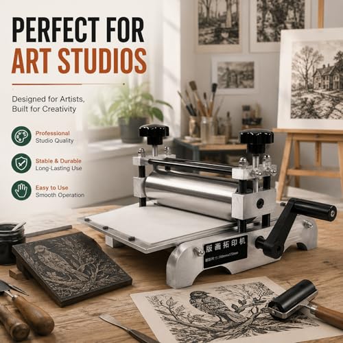 Compact Printmaking Machine,Portable Tabletop Manual Etching Press-Heavy Brayer Ink Transfer Tool-Desktop Flatbed Printing Set for Fine Graphic Art Studio