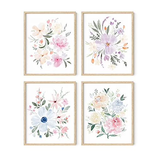 HAUS AND HUES Flower Wall Decor - Set of 4 Bouquet Art, Framed Flower Painting, Floral Pictures, Botanical Wall Decor (8x10, Beige Frame) - color: Bouquet Flower, size: 8x10, style: Beige Framed