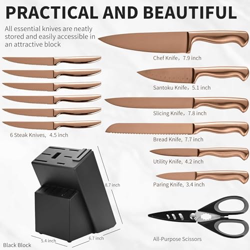 15-Piece Rose Gold Knife Block Set with Sharpener, Chef Professional Knife Set, Stainless Knife Set With Scissors, Steak Knives - color: Rose Gold