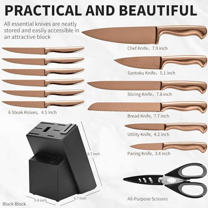 15-Piece Rose Gold Knife Block Set with Sharpener, Chef Professional Knife Set, Stainless Knife Set With Scissors, Steak Knives - color: Rose Gold