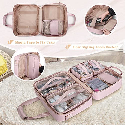 Professional Makeup Artist Travel Case with 4 Detachable Cosmetic Bags, Large Make up Organizer Bag with Makeup Kit Storage Section and Hair Tools Pocket, Pink (Empty Bag Only) - color: Pink