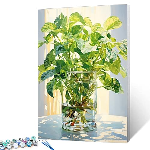 Tucocoo Green Plants in Glass Vase Oil Painting Paint by Number Kits 16 x 20 inch Canvas Plants DIY Oil Painting for Kids Students Adults Beginner with Brushes and Acrylic Pigment (DIY Frame) - color: Flower in Vase 03, size: 16''x20''(DIY Frame)