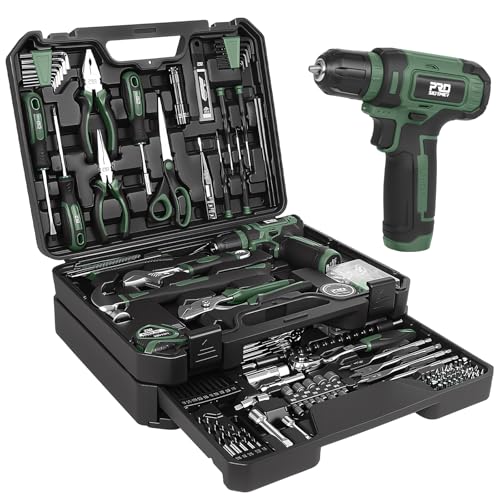 Prostormer Tool Set with 8V Cordless Drill, 369-Piece Home Tool Kit with Drill Driver, Toolbox Storage Case with Drawer, General Household Tools for Home Repairs and DIY, Handyman (Green) - color: Green
