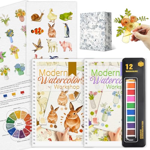 2Pcs Watercolor Workbook Beginner-Friendly Watercolor Workbook with Step by Step for Adults for Adults with 12 Colors Paint, Beginner Watercolor Painting Kit Watercolor Paper Valentine's Day Gift - style: Animals & Bouquet