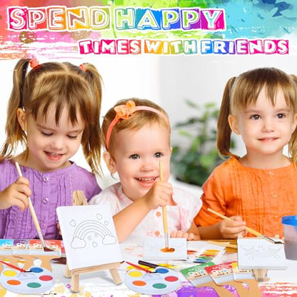 Skyygemm 24 Sets Valentines Day Gifts for Kids Valentines Cards Mini Painting Canvas Panel with Wooden Easel Watercolor Paints Brush Kit for School Classroom Exchange Gifts (Rainbow) - style: Rainbow