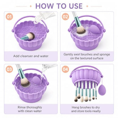 Pinkiou Makeup Brush Cleaner Mat, 3-in-1 Silicone Cosmetic Brushes Cleaning Bowl with Hanging Drying Mesh & Holder Organizer, Multi-Texture Wash Pad Tool for Sponges, Powder Puffs, Home and Travel - color: Purple
