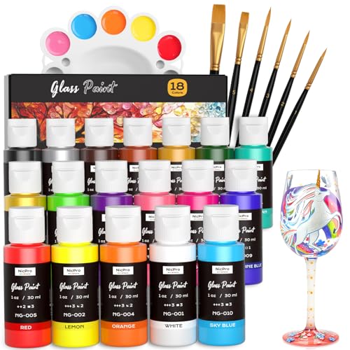 Nicpro 18 Colors Stained Glass Paint Set, 1oz / 30ml Waterproof Acrylic Enamel & Ceramic Glass Painting Kit for Arts on Transparent Wine Glasses Jars Windows with 6 Brushes & 1 Palette, Opaque Finish - size: 1 Fl Oz (Pack of 18)