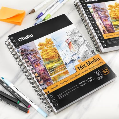 Ohuhu Mix Media Pad, 7" x 10" Mixed Media Art Sketchbook, 120 LB/200 GSM Heavyweight Papers, 62 Sheets/124 Pages, Spiral Bound Mixed Media Paper Pad for Acrylic, Painting Christmas Gift - size: 7" x 10"