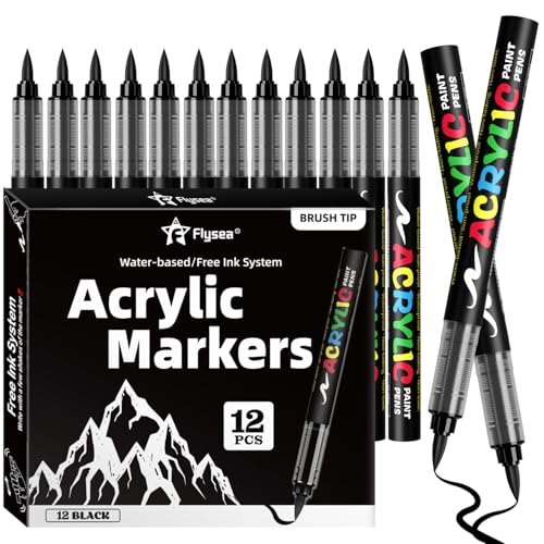Paint Pens Acrylic Markers - 12 Black Brush Tip Water Based Marker Pens for Rock Painting, Wood, Ceramic, Glass, Acrylic Paint Markers for Egg Pumpkin - color: Black, size: 12 Pcs