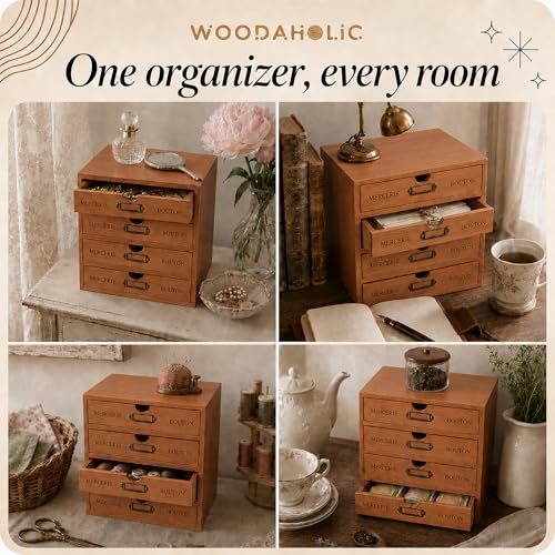 Modular Stackable Apothecary Cabinet 4 Drawer Desk Organizer - Retro Library Card Catalog Wood Storage Box - Organize Stationery, Thread Embroidery, Sewing, Crafts, Junk Drawer & Supplies Countertop - style: 4 Drawer