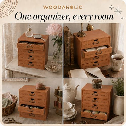 Modular Stackable Apothecary Cabinet 4 Drawer Desk Organizer - Retro Library Card Catalog Wood Storage Box - Organize Stationery, Thread Embroidery, Sewing, Crafts, Junk Drawer & Supplies Countertop - style: 4 Drawer
