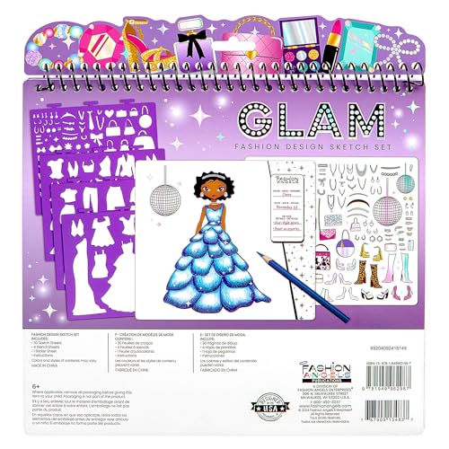 Fashion Angels Glam Fashion Sketch Set, Includes Sketch Pad with Stencils & Stickers, Fashion Design Sketch Book for Girls, Ideal Drawing Kit for Kids - color: Glam Fashion