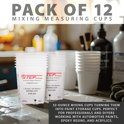 Custom Shop Paint Mixing Cups, 32-Ounce (12 Pack) - Plastic Measuring Cups for Liquids, Automotive Painting, Epoxy Resin, Acrylic Arts, Crafts, Disposable or Reusable, Graduated, Mixing Ratios - style: 12 Cups