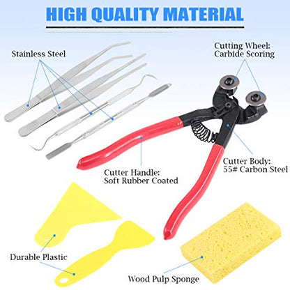 Glarks 8 Pieces Mosaic Tools Set, Heavy Duty Double Wheeled Glass Mosaic Tile Cut Nippers with Scrapers, Tweezers, Double-Ended Hook, Spatula, Sponge